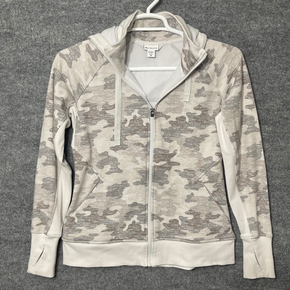 Athleta Camo Full Zip Hoodie Jacket M Medium Gray White Athleisure - Picture 2 of 8